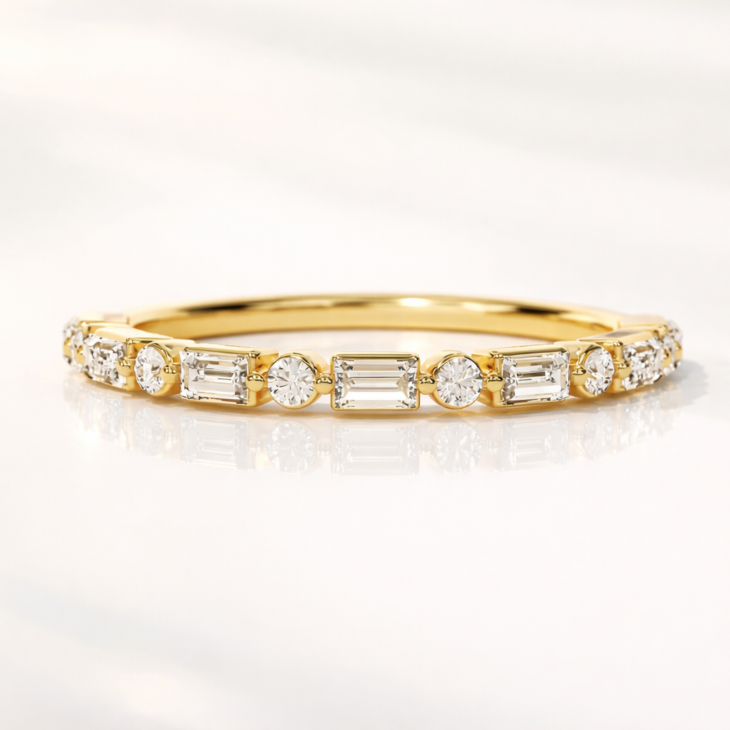 Round And Baguette Cut Half Eternity Wedding Band In Yellow Gold
