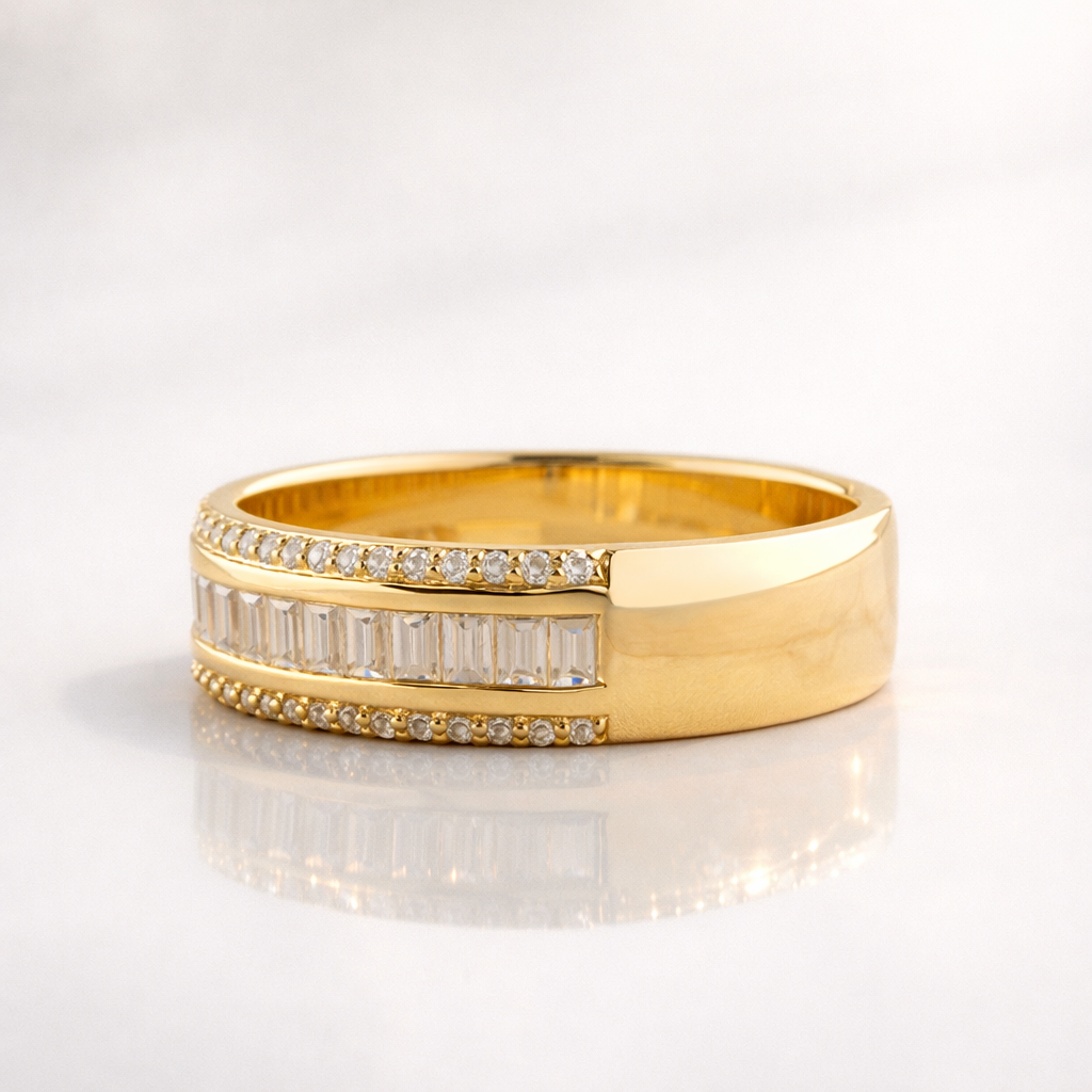 Emerald and round cut half eternity wedding band
