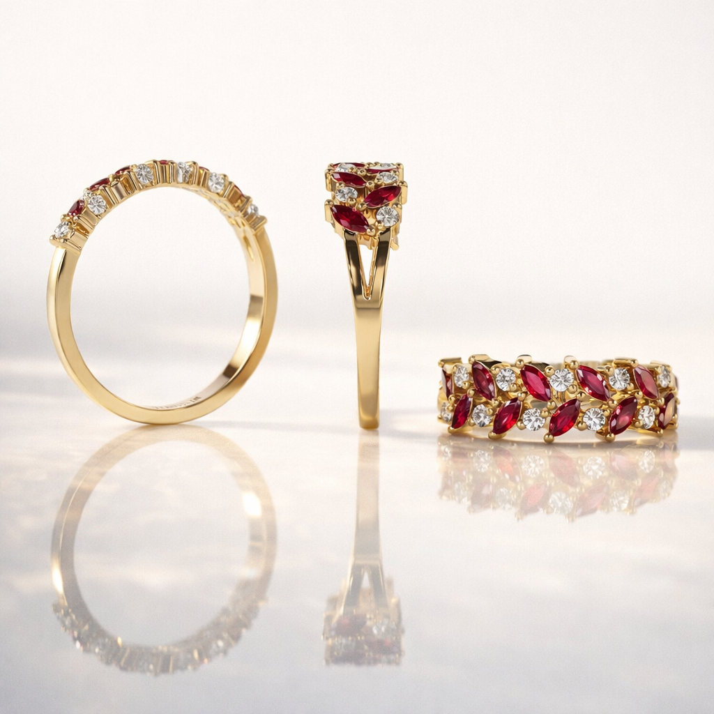 Gold Band With Marquise Ruby And Round Diamonds
