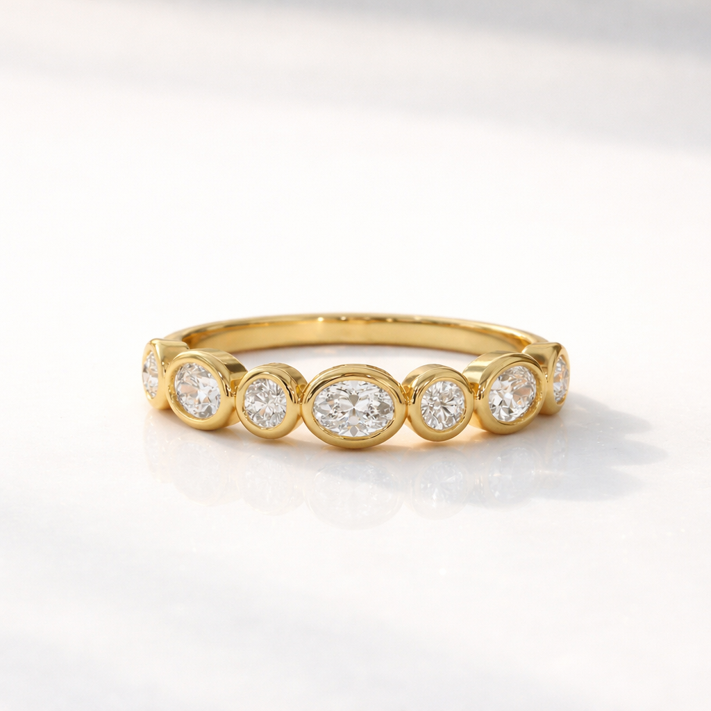 Oval And Round Cut Wedding Band Stacking Ring Yellow Gold Wedding Band.
