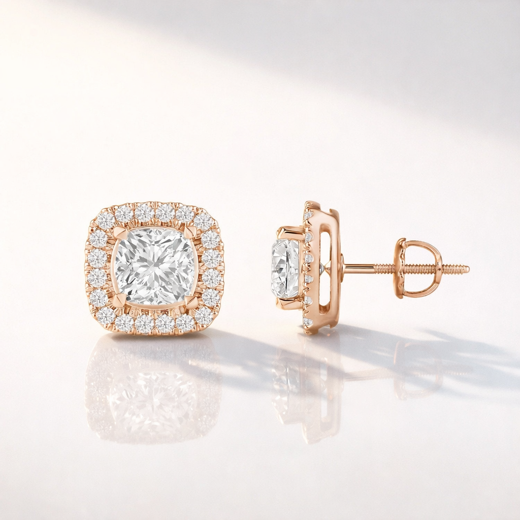 Cushion Cut Halo Diamond Stud Earrings In Rose Gold 4 Prong Setting
