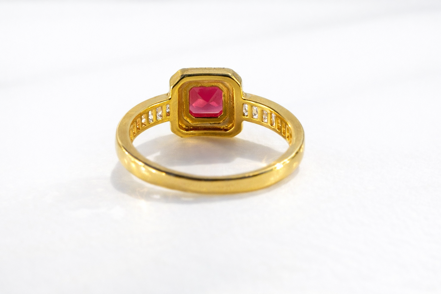 Custom Jewelry Cushion Cut Ruby Ring Halo Diamond Setting Yellow Gold.
