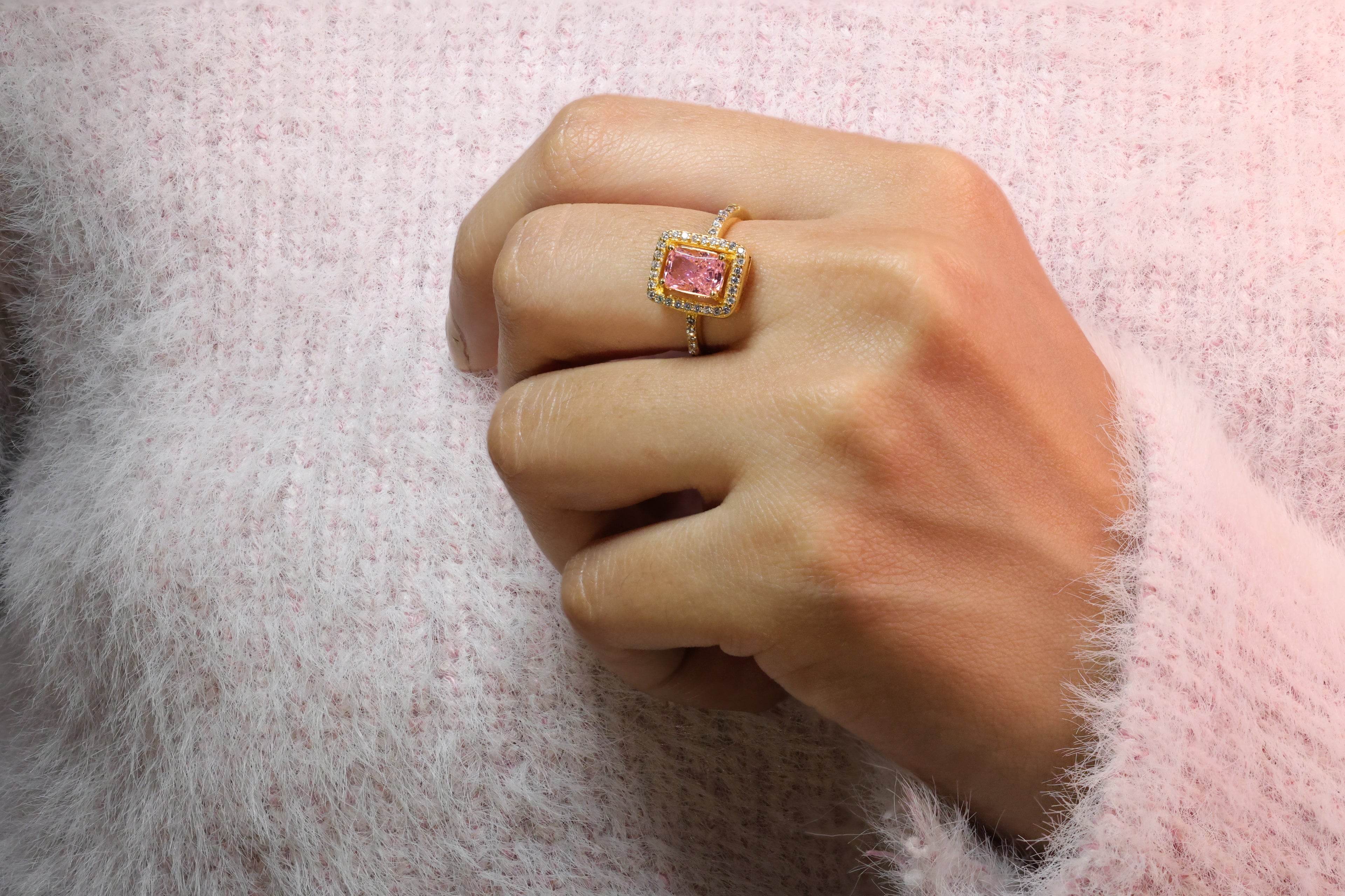 Yellow Gold Engagement Ring Pink Sapphire Radiant Cut Moissanite Ring.
