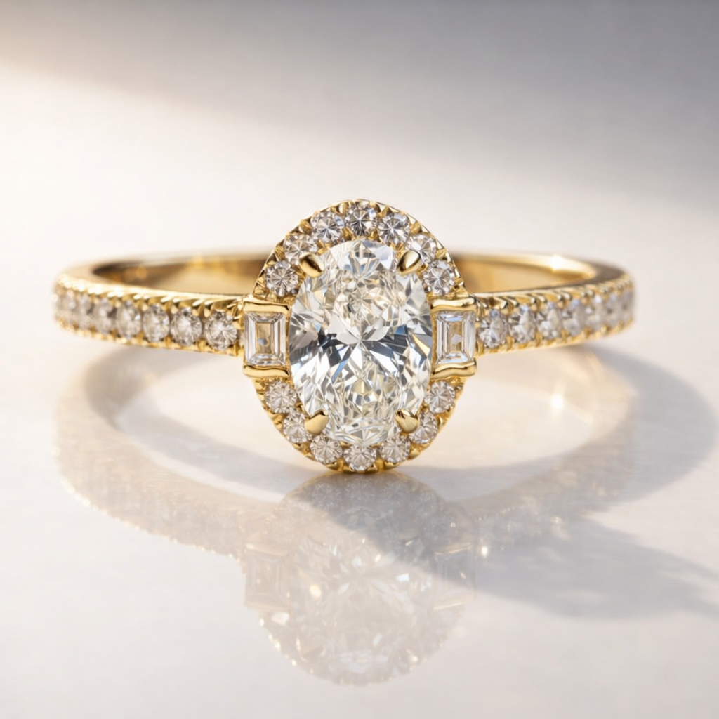 Oval Halo Engagement Ring With Round Cut Pave Band In Yellow Gold
