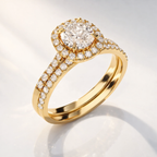 Four claw prong cushion cut halo engagement ring
