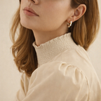 Small Gold Half Hoop Earrings With Round Cut Diamond Halo Design

