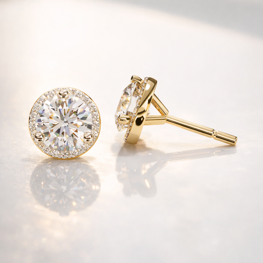 3 Round Prong Setting Yellow Gold Earrings White Gold Earrings Rose Gold Style.
