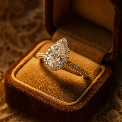 Luxury 18K Yellow Gold Pear Shaped Moissanite Halo Ring With Pave Band And Brilliant Diamond Alternative Shine