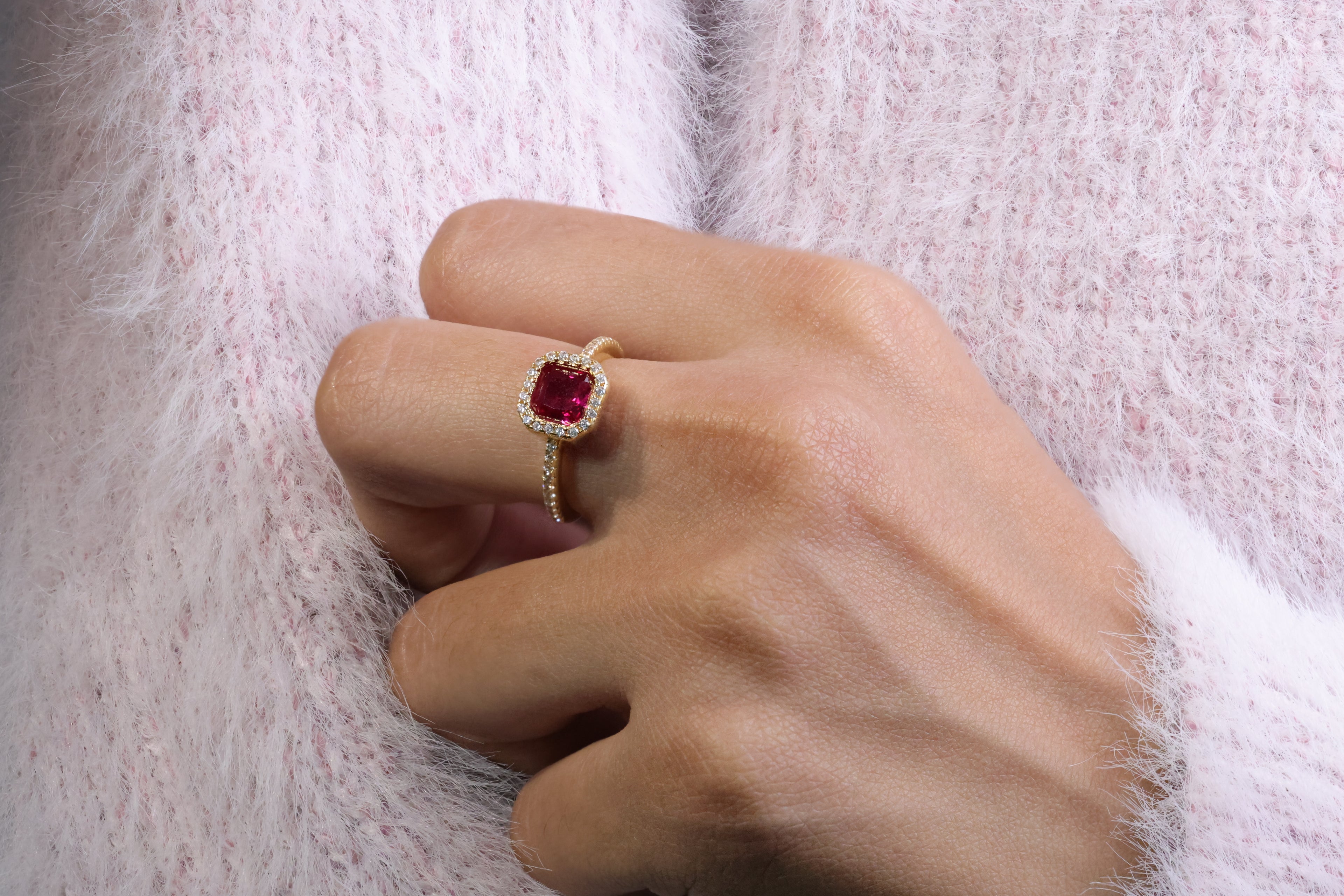 Custom Jewelry Pave Setting Round Cut Side Stone Garnet Engagement Ring.
