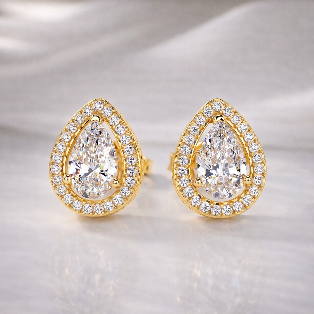 Diamond Halo Stud Earrings Pear Shape
