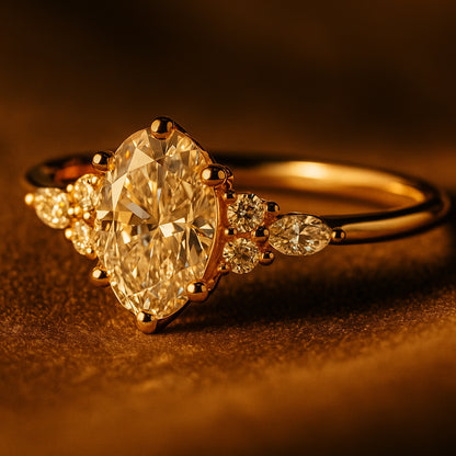 Elegant Oval Cut Diamond Engagement Ring With Marquise and Round Side Diamonds
