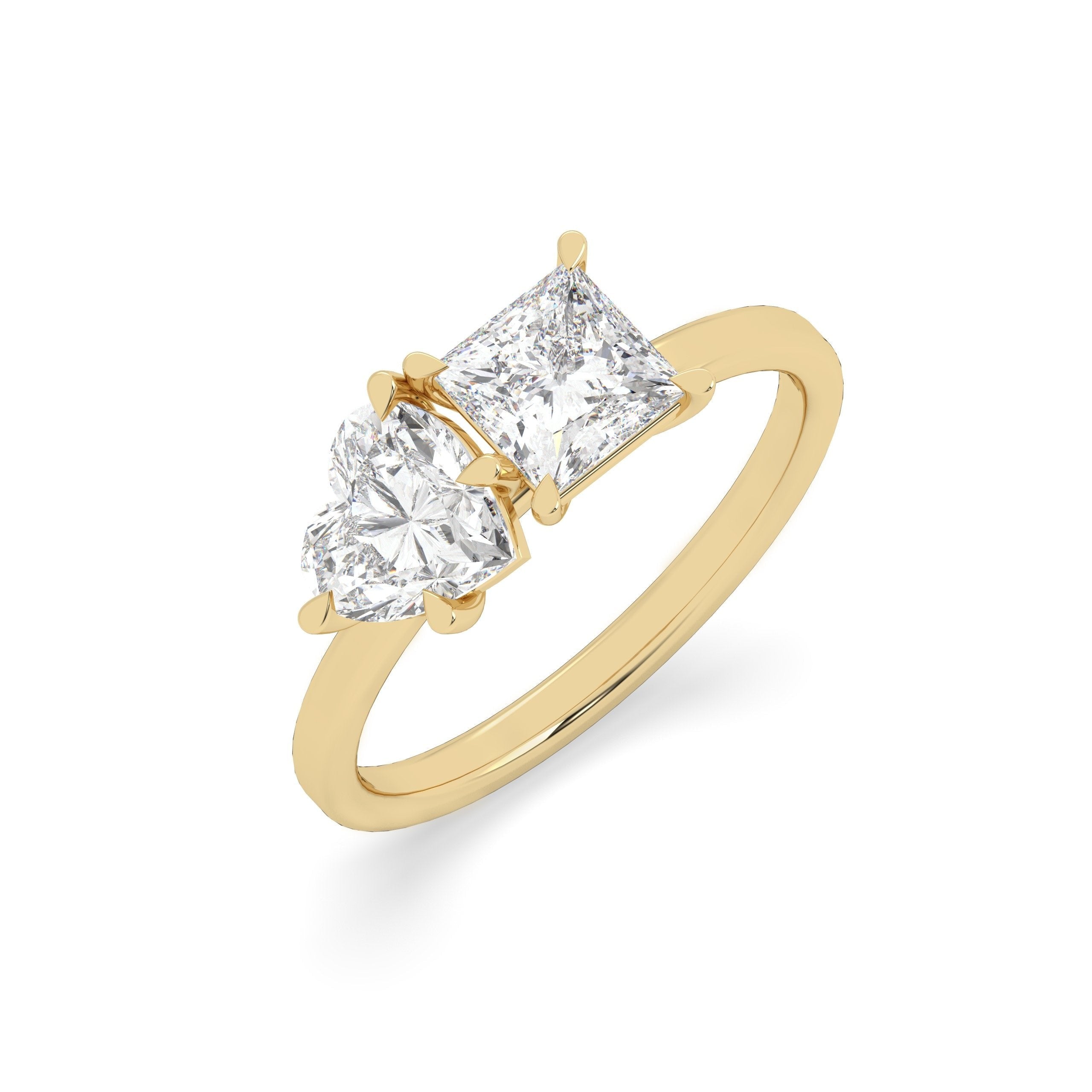 Yellow Gold Heart And Princess Toi Et Moi Ring With Claw Prong Setting.
