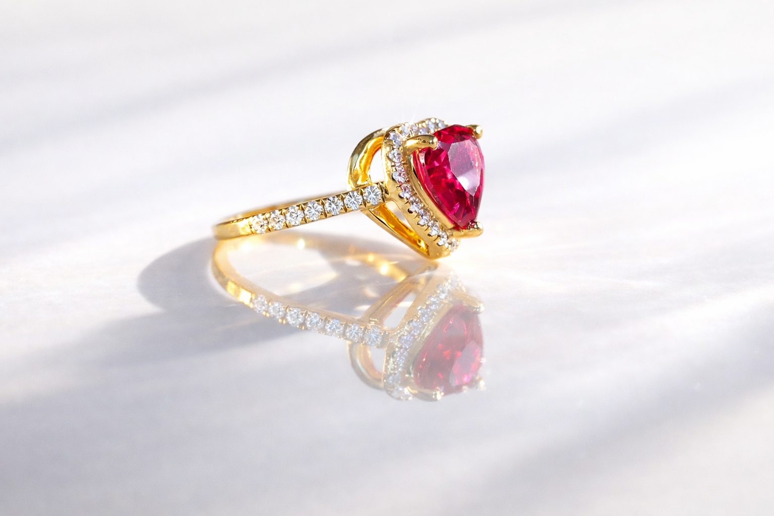 Ruby Engagement Ring Round Cut Pave Band Yellow Gold Engagement Ring.
