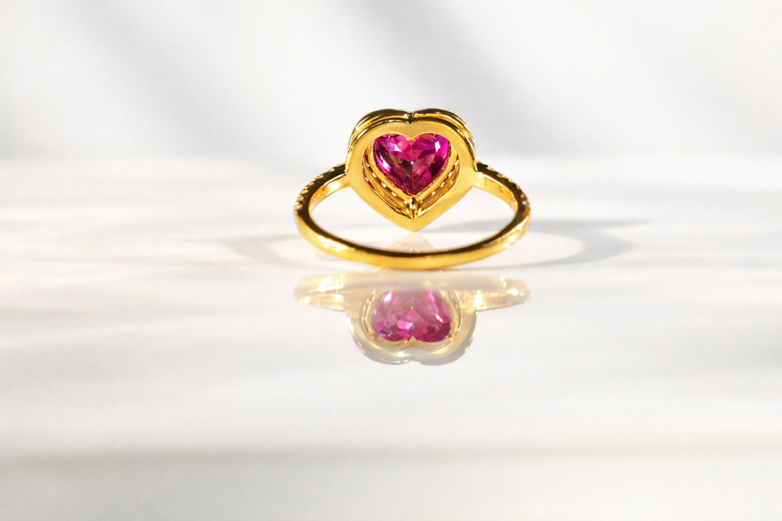 Heart Shaped Ruby Gold Ring Round Cut Halo Custom Engagement Ring.

