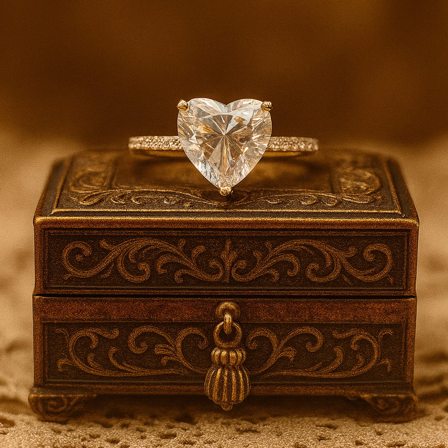 Close-up of Diiro gold heart-shaped diamond solitaire ring showing elegant craftsmanship.