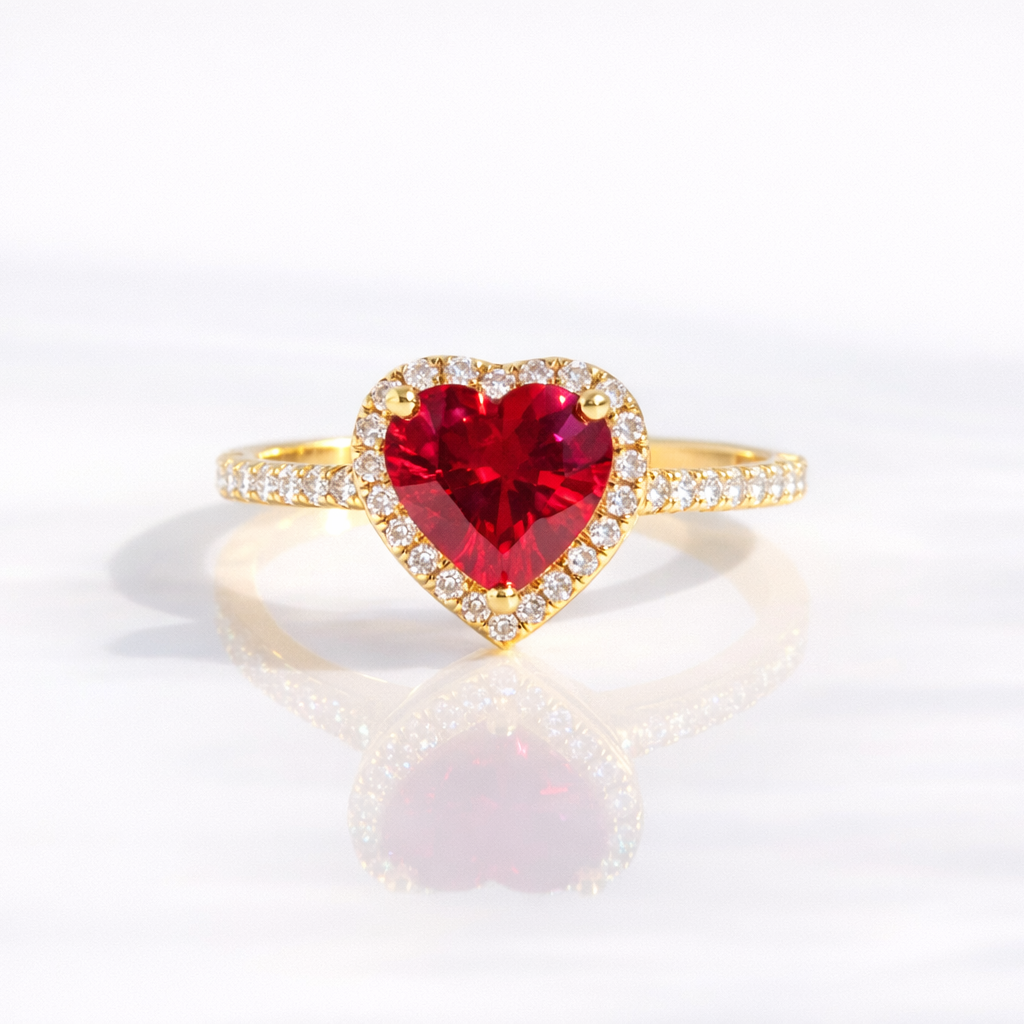 Heart Shaped Ruby Ring Heart Cut Diamond Ring Round Cut Halo Setting.

