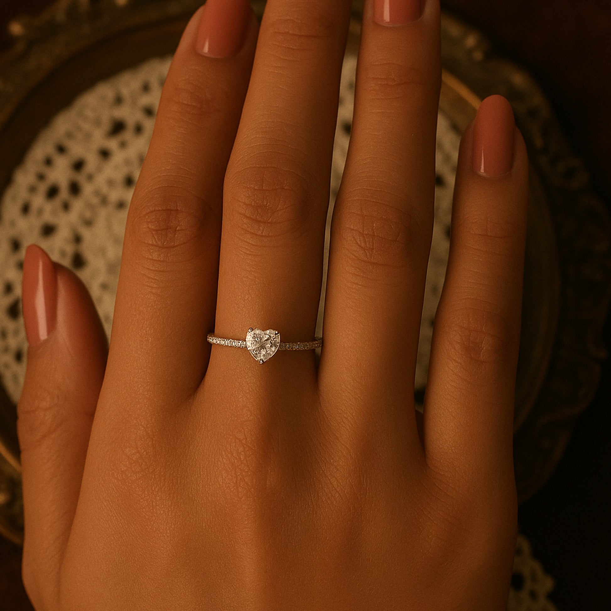 Heart Cut Moissanite Ring With Pave Band, Beautiful Diamond Alternative Engagement Jewelry