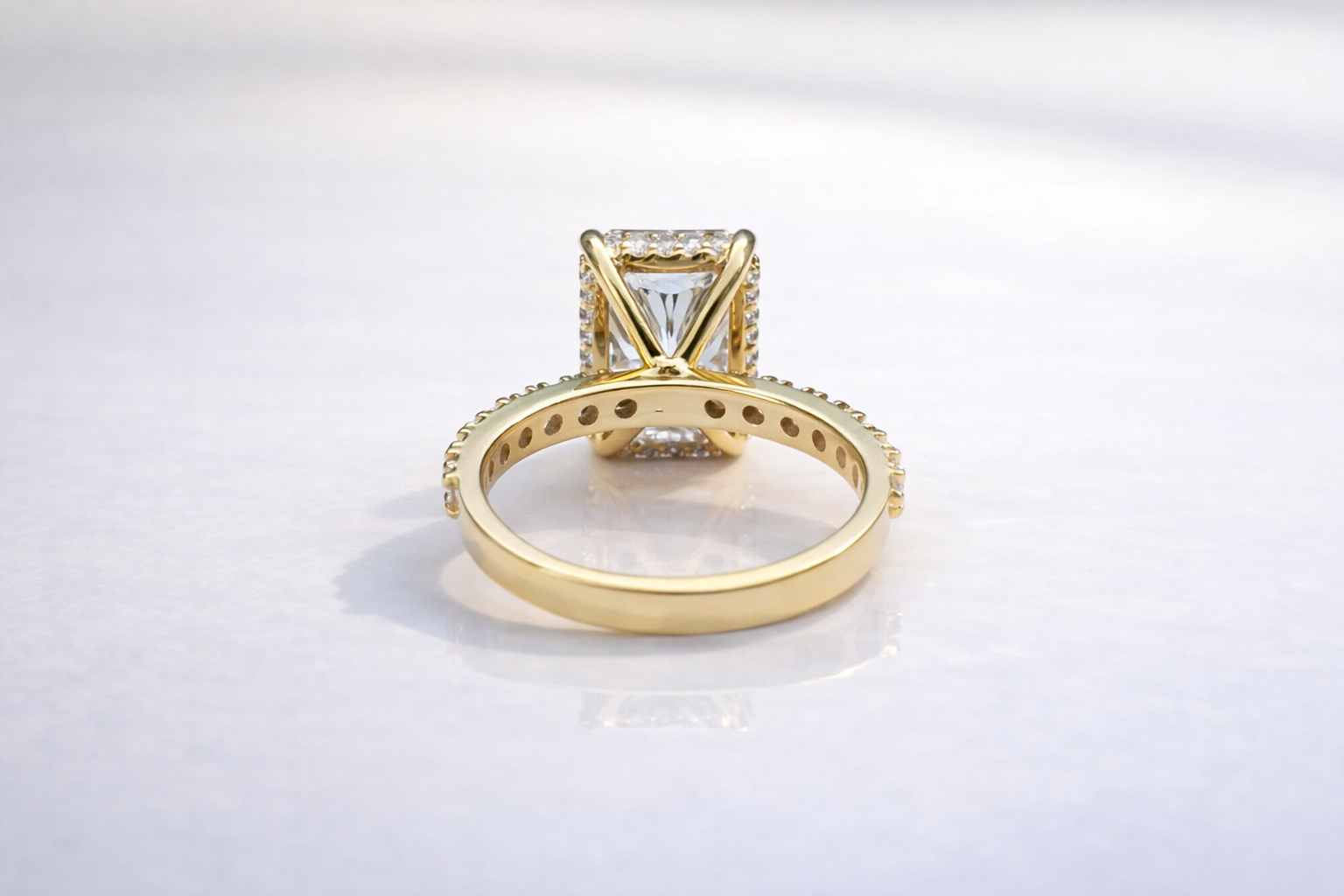 Hidden Halo Engagement Ring With Radiant Cut Moissanite And Pave Band
