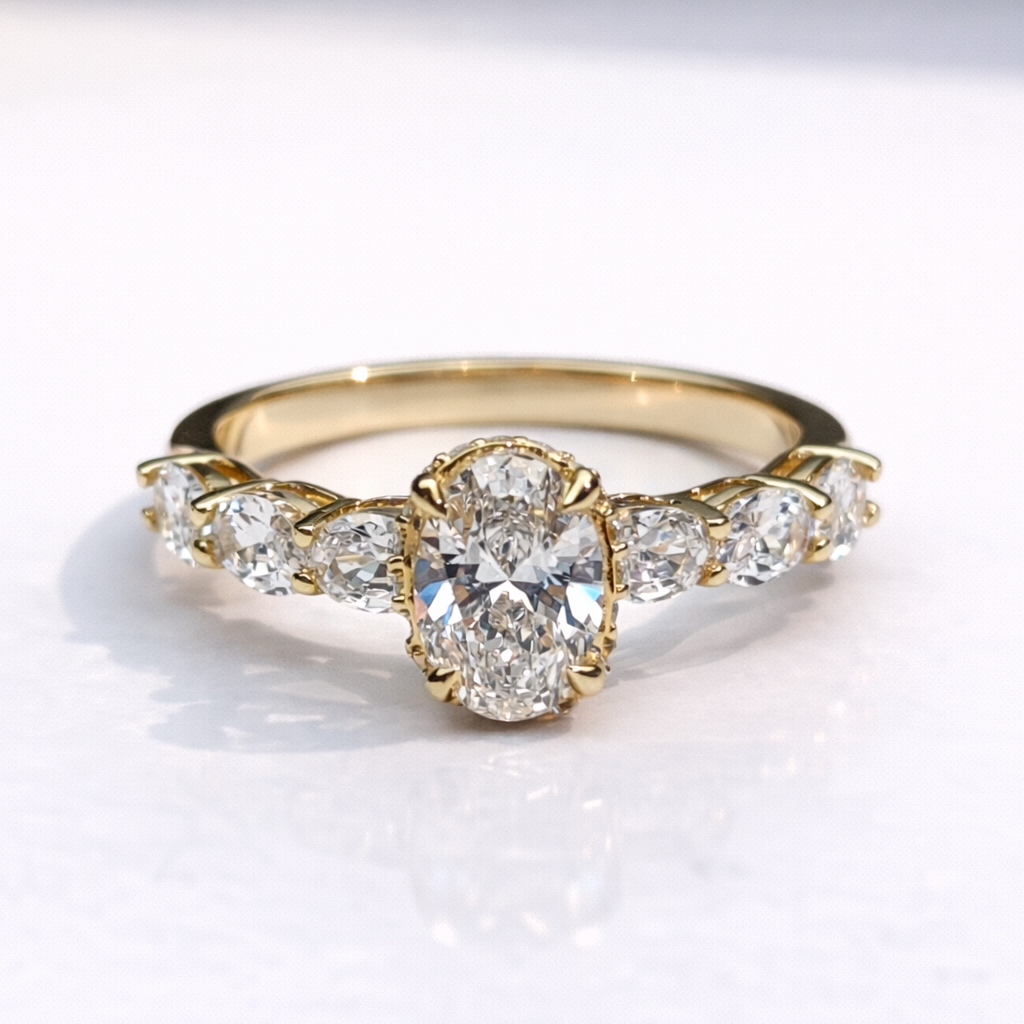 Hidden Halo Oval Engagement Ring Oval Cut Side Stone Four Claw Prong.
