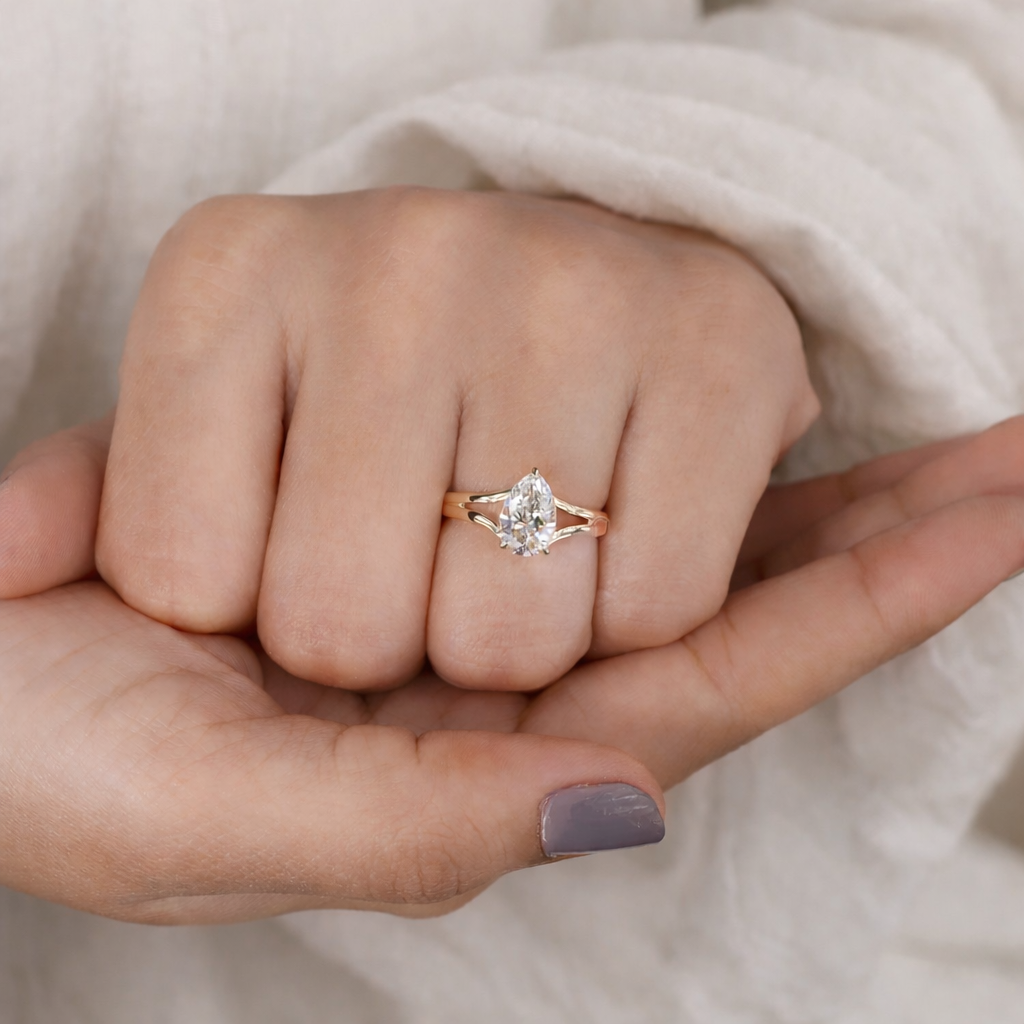 Yellow Gold Engagement Ring With Pear Lab Grown Diamond And Three Claw Prong Setting
