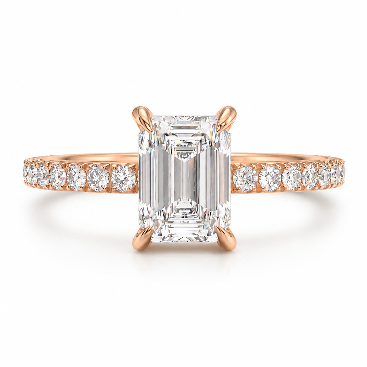Rose gold emerald cut diamond engagement ring with pavé diamond band