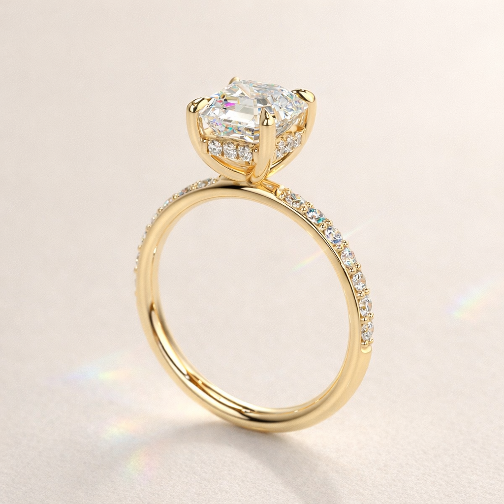 Moissanite Engagement Ring With Hidden Halo And Pave Round Cut Band

