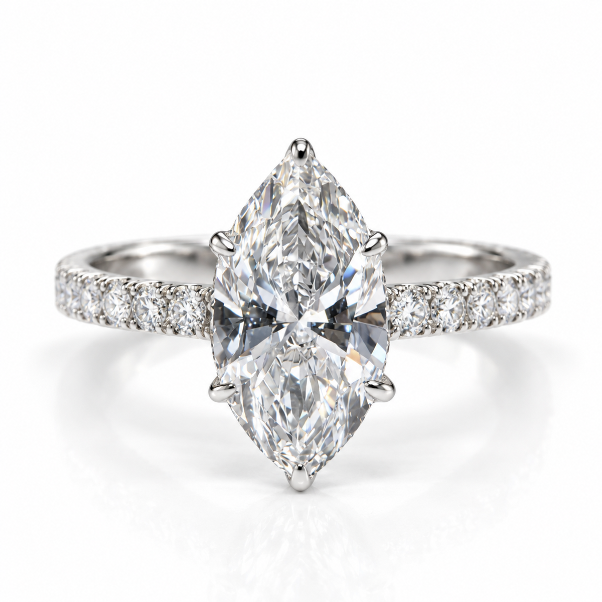 Polished silver marquise cut engagement ring with diamond pavé band
