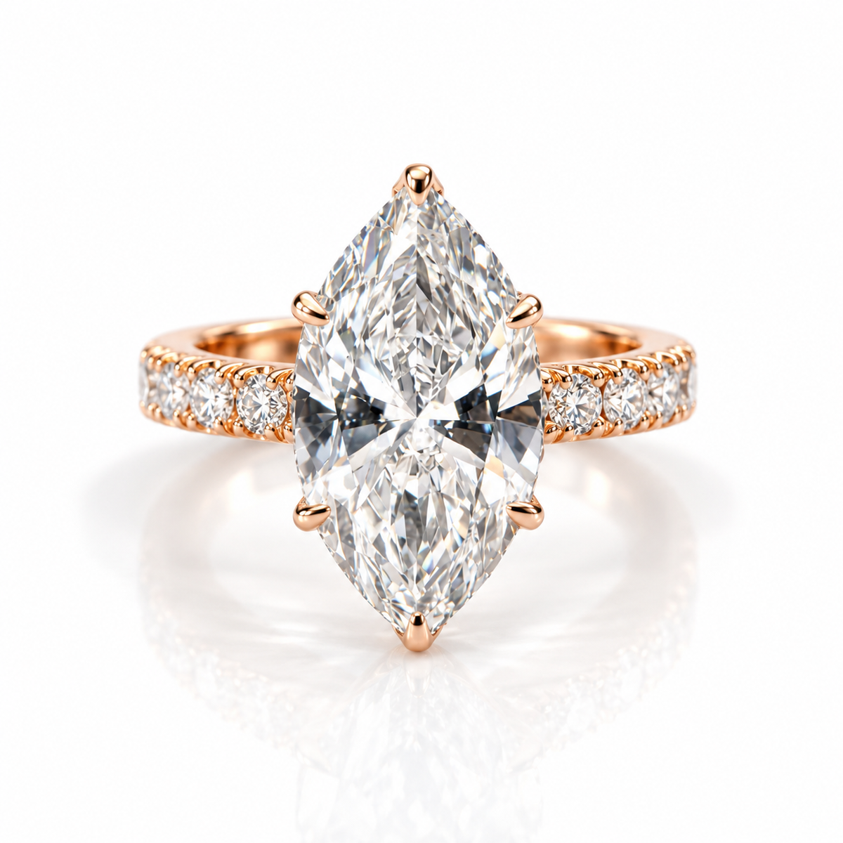 18K rose gold marquise cut engagement ring with diamond pavé band