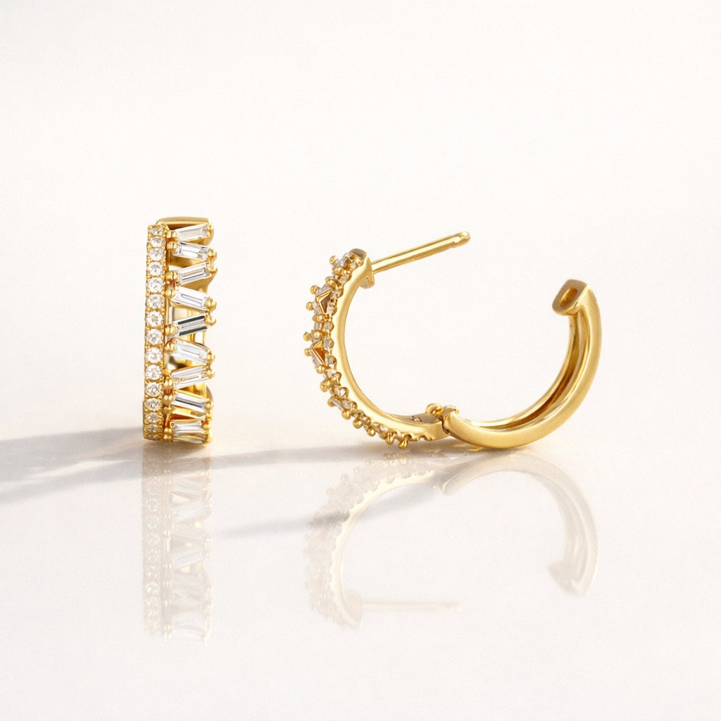 Moissanite Baguette And Round Diamond Hoop Earrings
