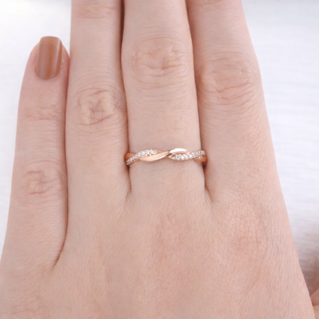 Twisted Wedding Band In Rose Gold With Round Cut Diamond Accents
