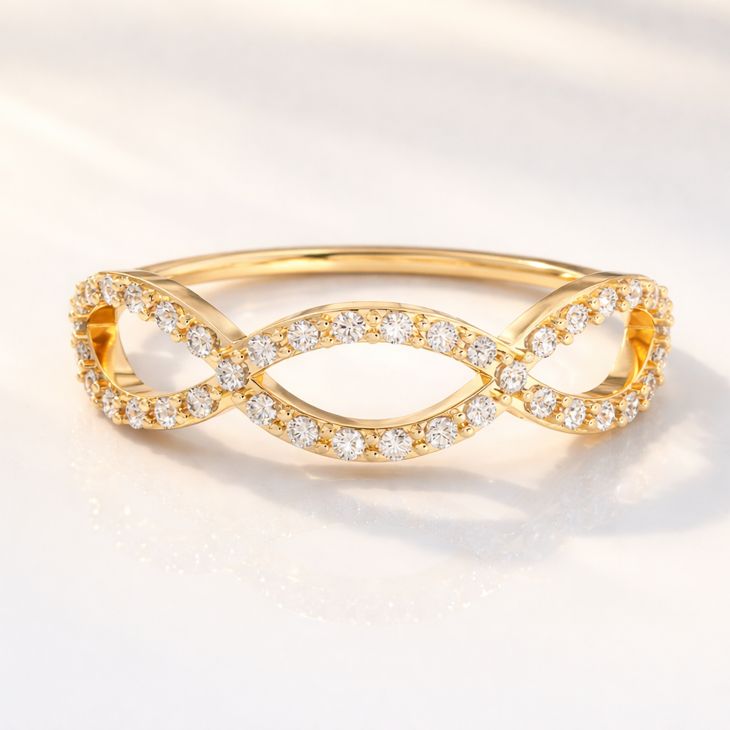 Yellow Gold Infinity Wedding Band With Prong Set Diamonds
