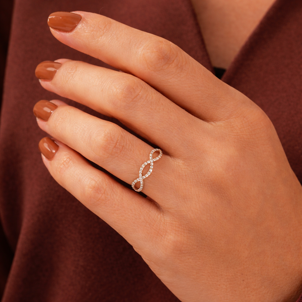 Infinity Band Wedding Ring With Round Cut Diamond Accents
