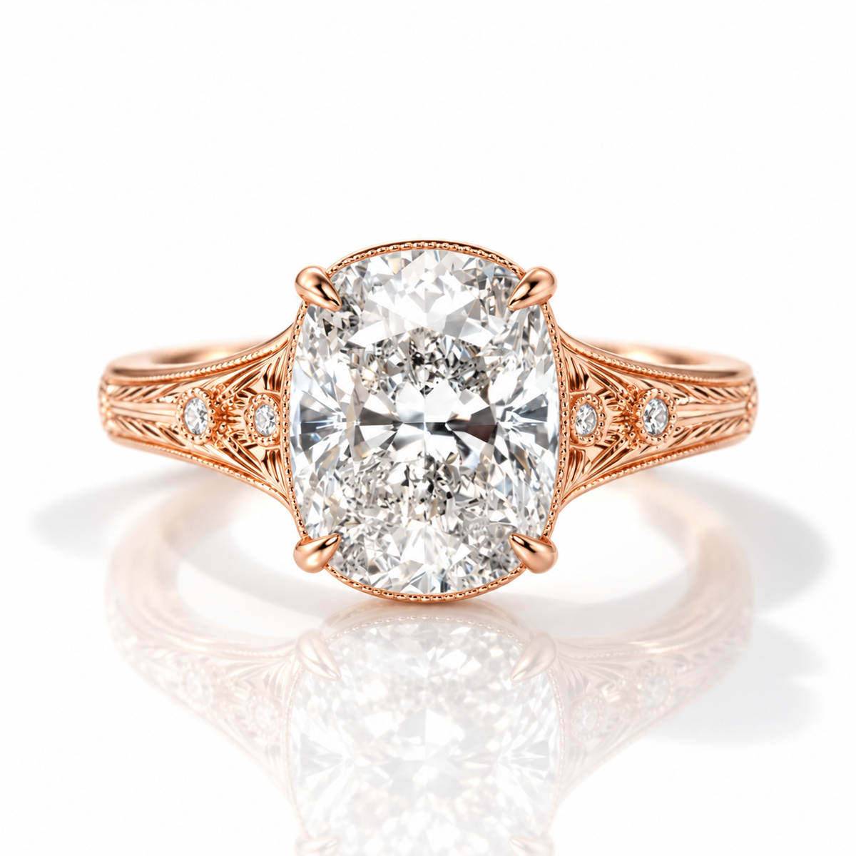 18K rose gold vermeil vintage-inspired cushion-cut engagement ring with engraved filigree shoulders and accent diamonds.