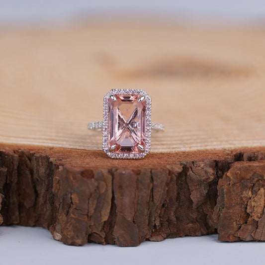 Emerald Cut Morganite Ring, Pink Halo Moissanite 14K Gold Engagement Fine Jewelry With Romance 