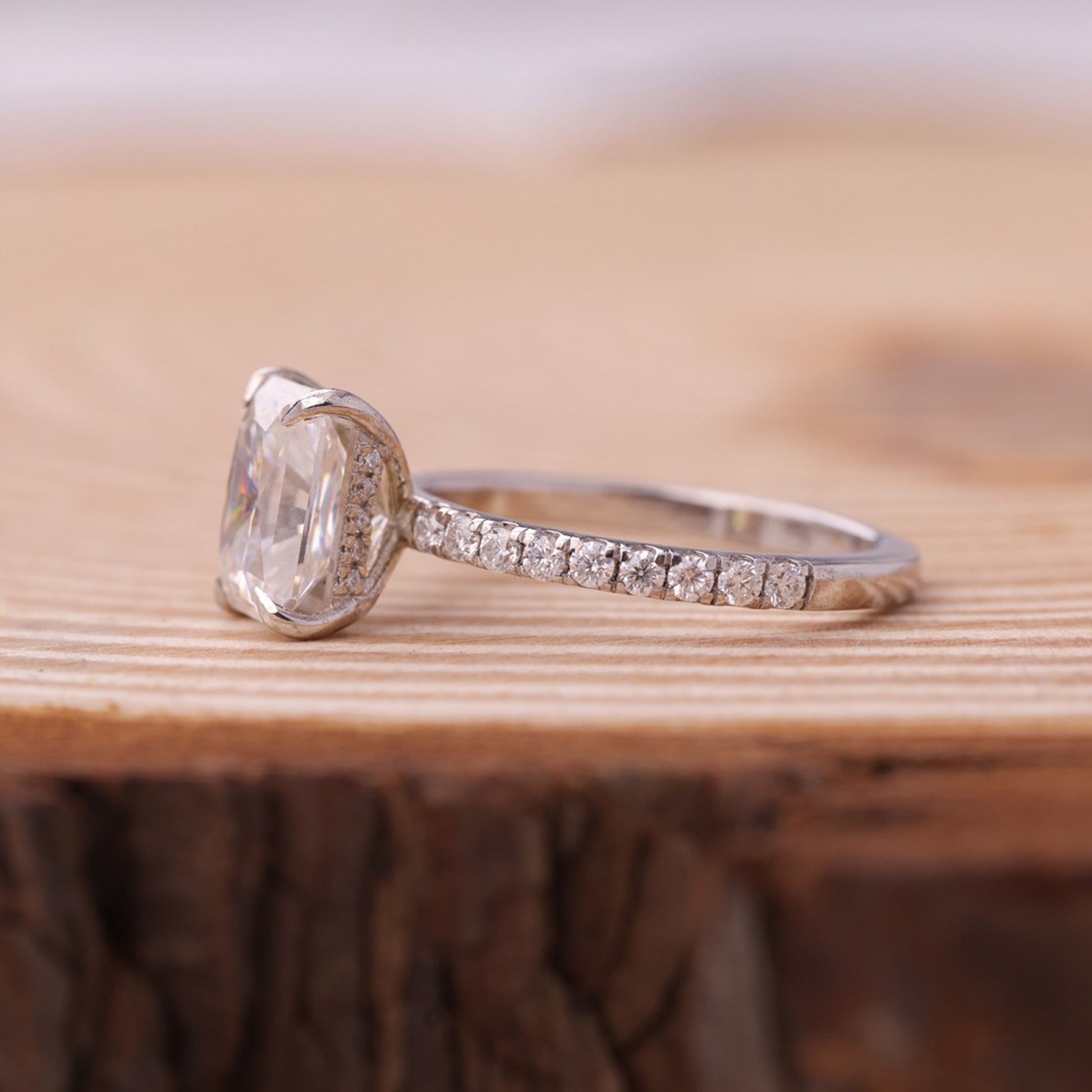 Moissanite Radiant Engagement Ring, Pavé Band Fine Jewelry With Brilliance