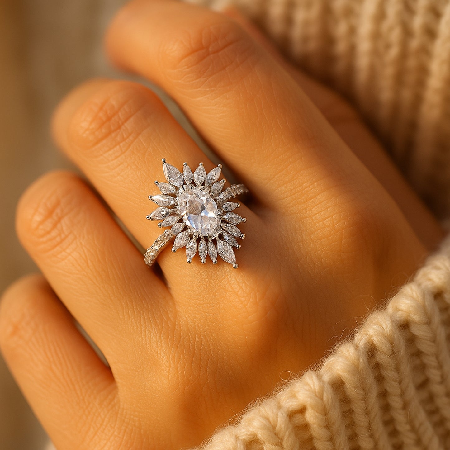 Marquise Cluster December Birthstone Ring, Moissanite Engagement Jewelry With Halo Effect And Brilliance