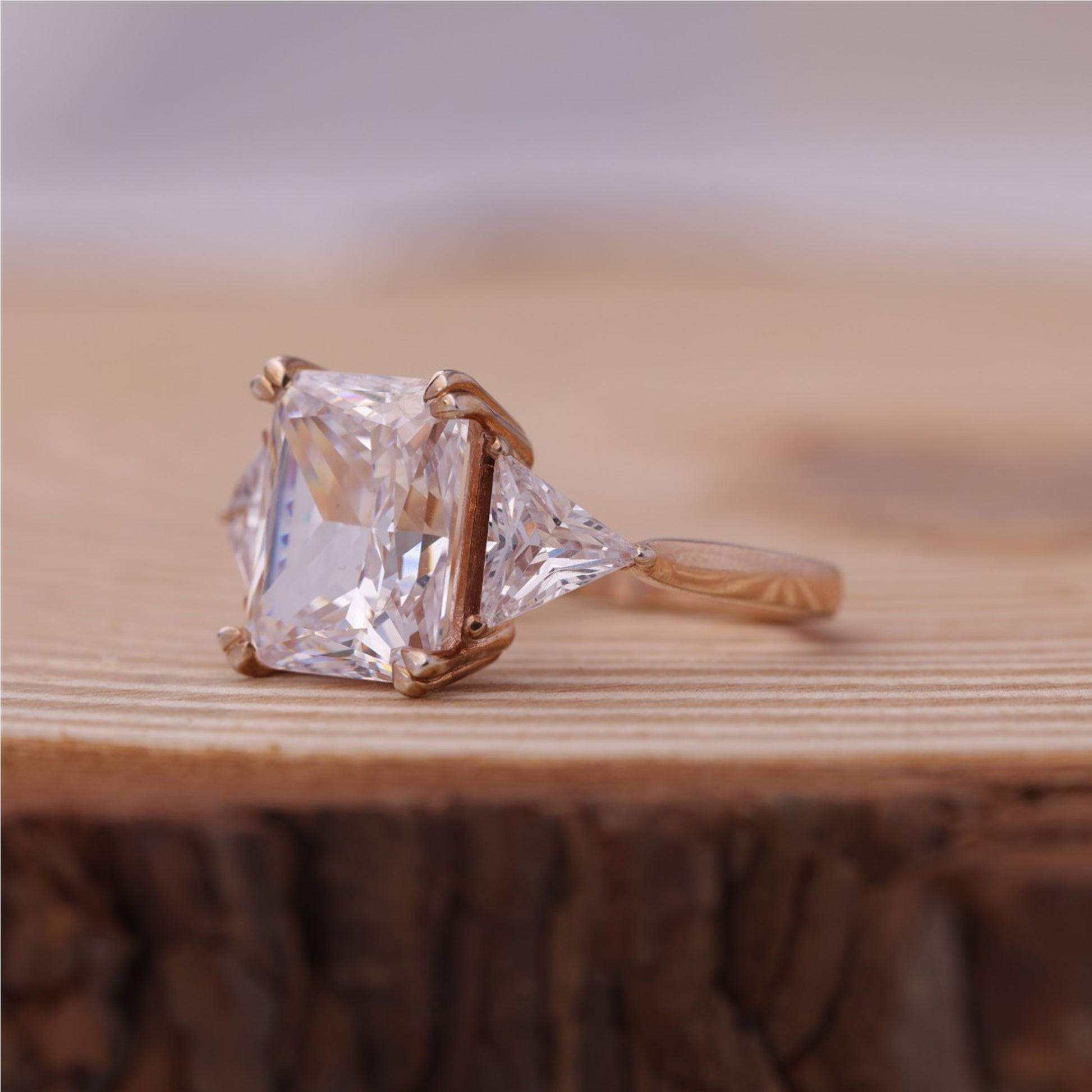 Elegant Princess Moissanite Ring, Trilogy Gold Engagement Fine Jewelry