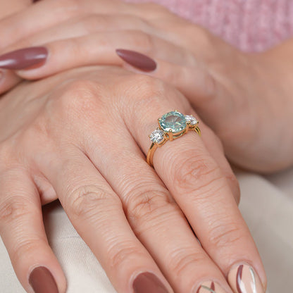 Trio Stone Aquamarine Ring, Moissanite 14K Gold Promise Engagement Fine Jewelry With Romance