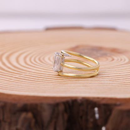 Engagement Emerald Cut Ring, Moissanite Double Band Gold Fine Jewelry With Romance