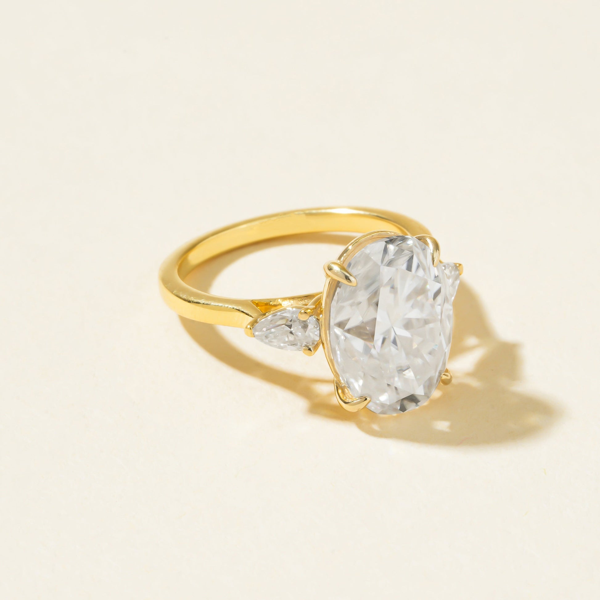 Oval & Pear Moissanite Ring, Three Stone 10K Yellow Gold Engagement Fine Jewelry With Glamour
