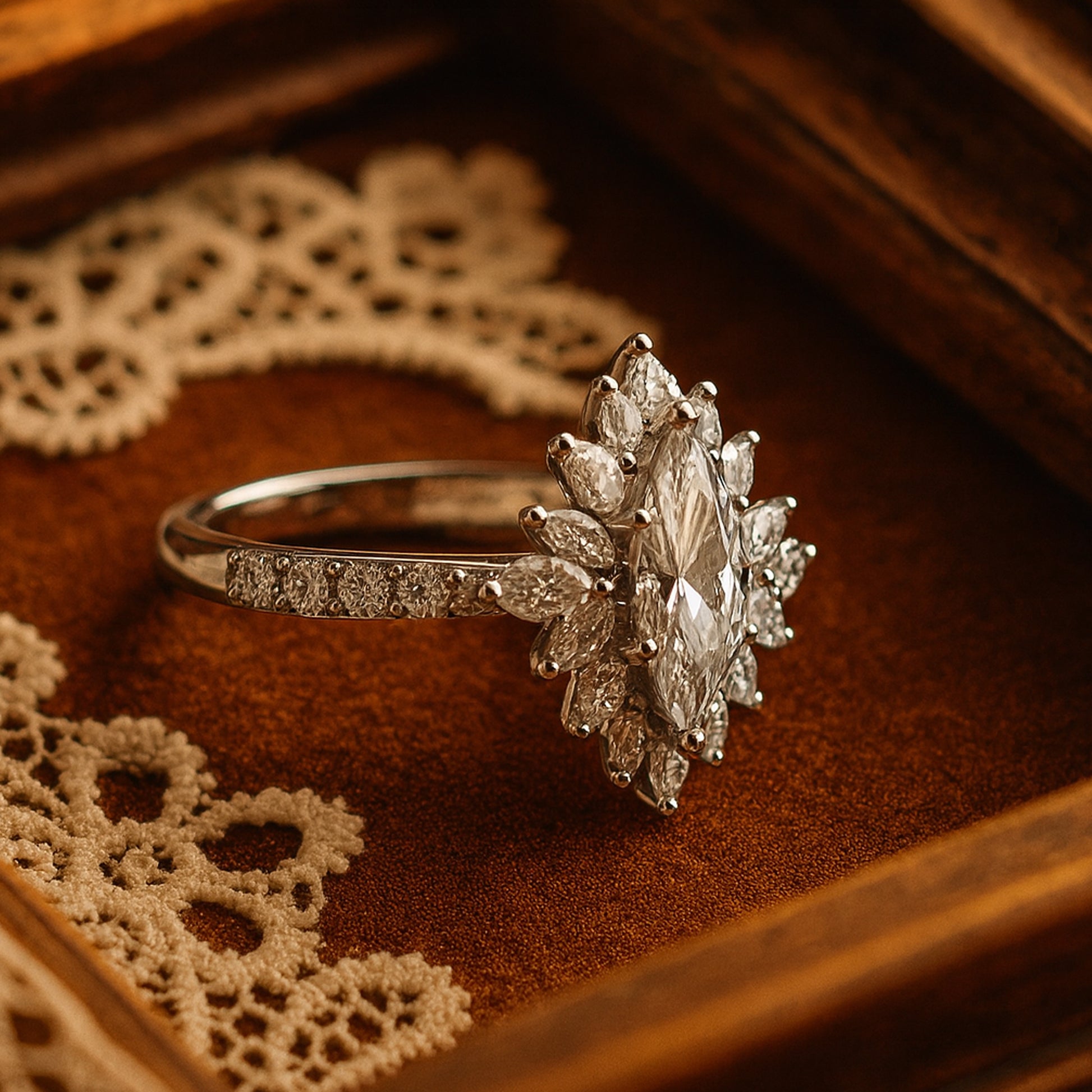 December Birthstone Marquise Moissanite Ring, Cluster Engagement Jewelry With Brilliant Fire And Sparkle