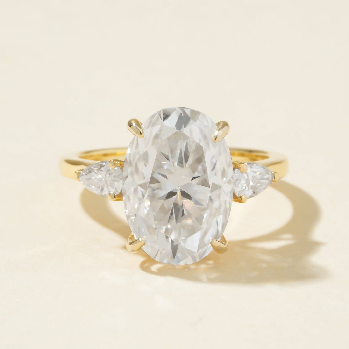 Engagement Oval Moissanite Ring, Pear Side Stones 10K Yellow Gold Fine Jewelry With Romance 