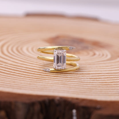 Double Band Emerald Ring, Moissanite Gold Engagement Fine Jewelry With Style