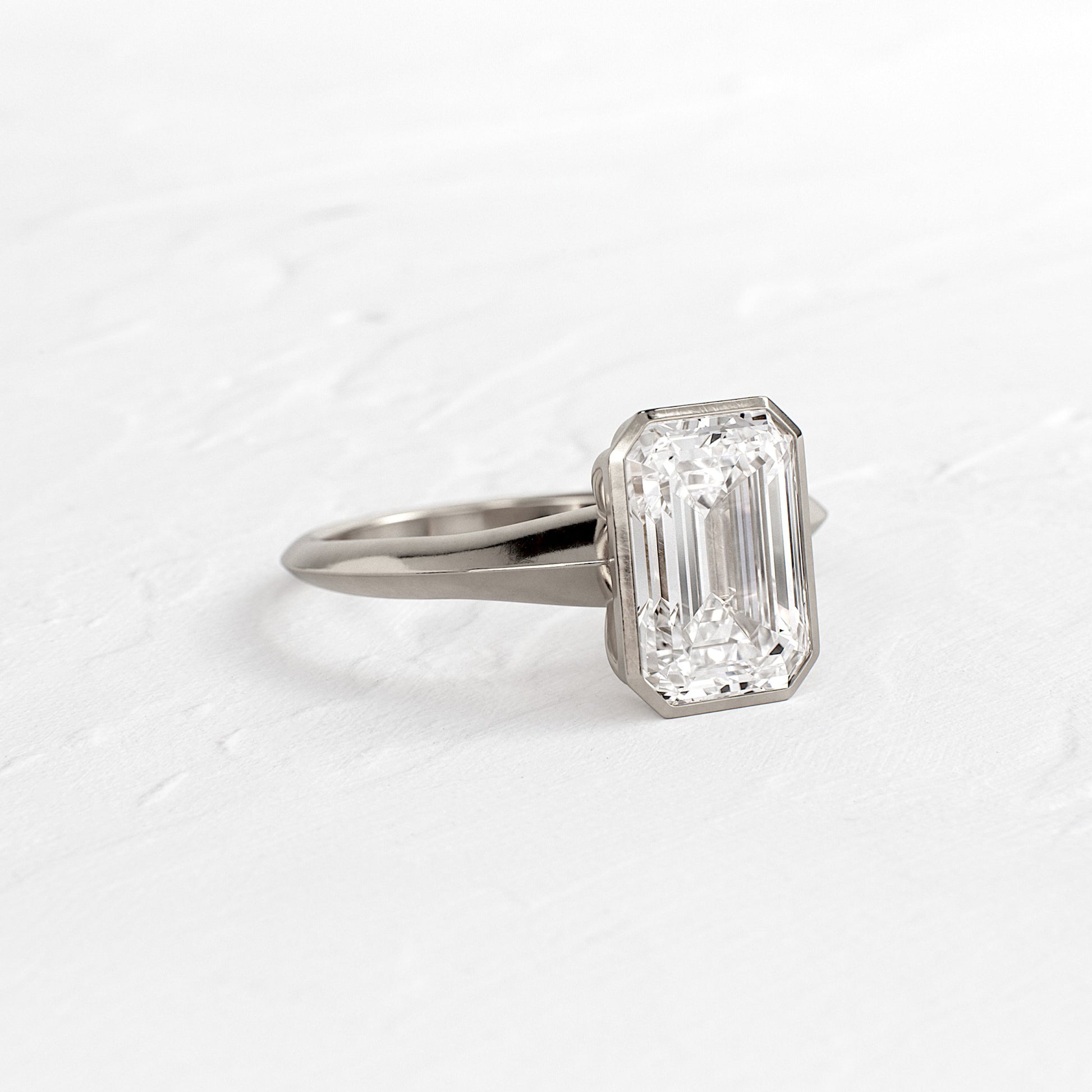 Moissanite Emerald Engagement Ring, Bezel Setting White Gold Fine Jewelry With Brilliance