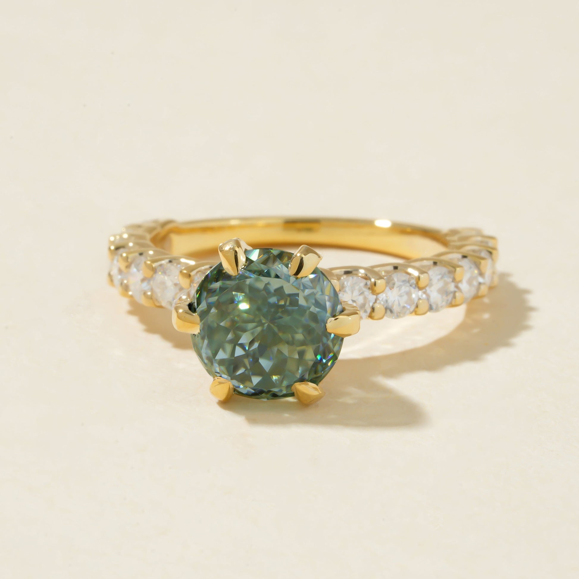 Engagement Green Sapphire Ring, Round Moissanite 14K Gold Fine Jewelry With Romance 