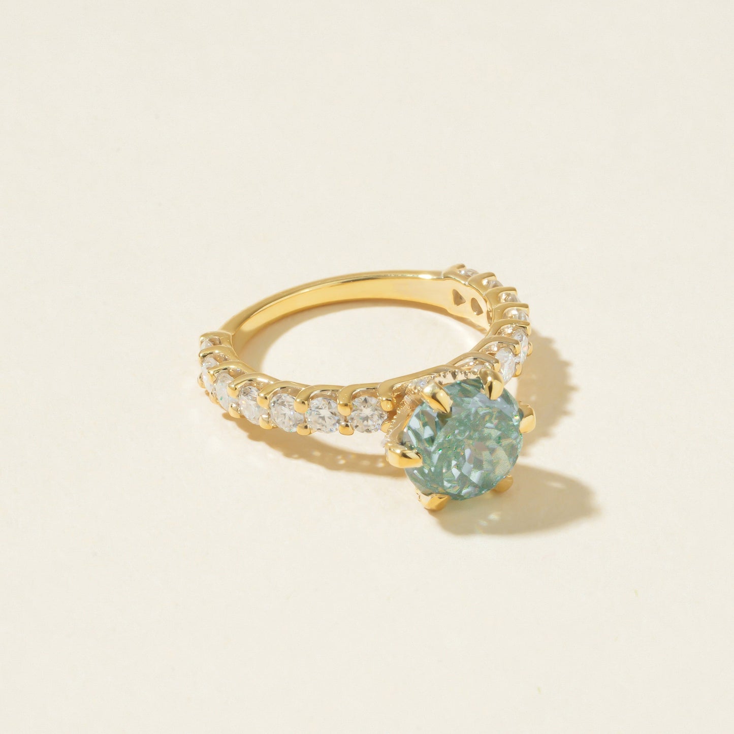 Green Sapphire Round Ring, Moissanite Accents 14K Gold Engagement Fine Jewelry With Beauty 