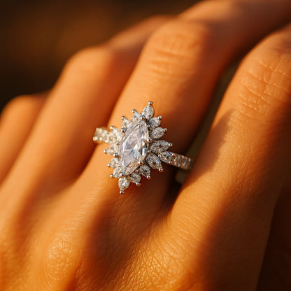 December Birthstone Moissanite Ring, Marquise Cut Cluster Engagement Jewelry With 10K Gold Prong Setting