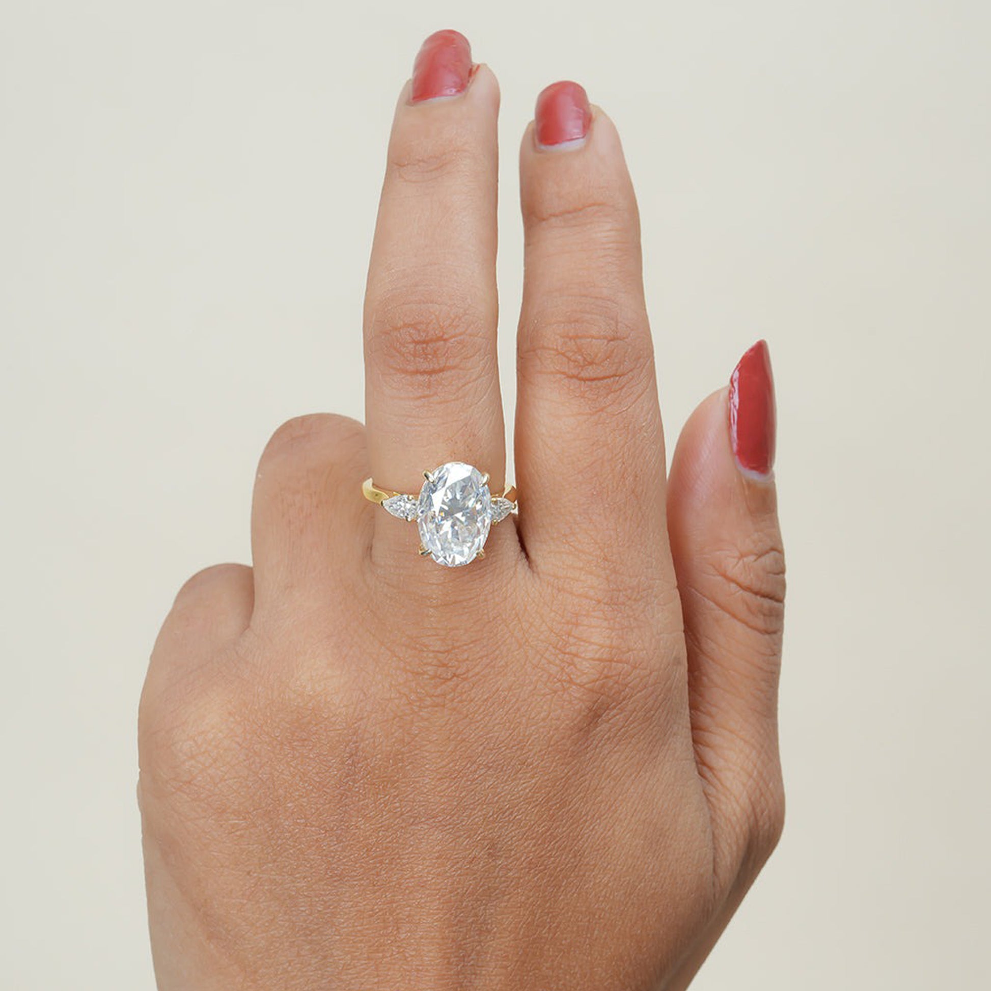 Three Stone Oval Ring, Moissanite Pear Sides 10K Yellow Gold Engagement Fine Jewelry With Style