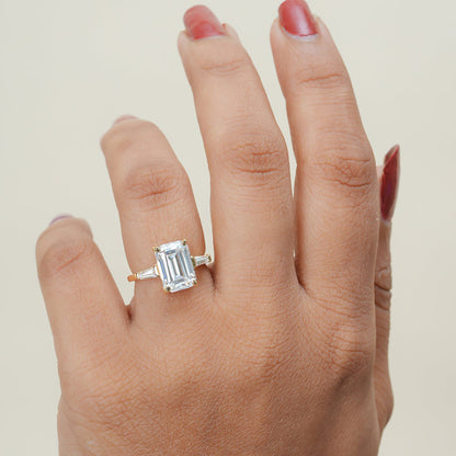 Emerald Cut Moissanite Ring, Three-Stone Bridal Wedding Fine Jewelry With VVS1 Clarity Halo