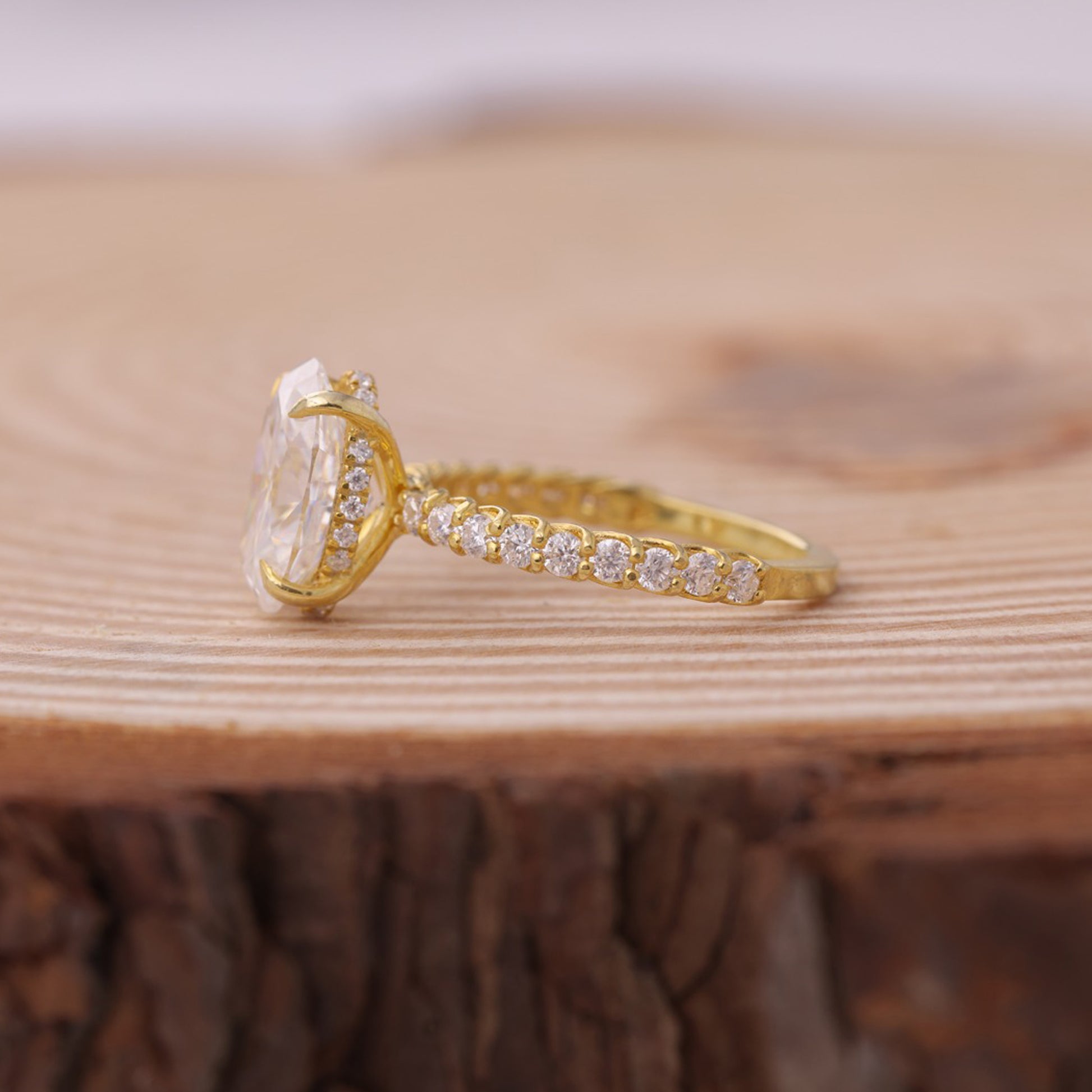 Engagement Oval Ring, Moissanite Halo Setting Yellow Gold Fine Jewelry With Romance